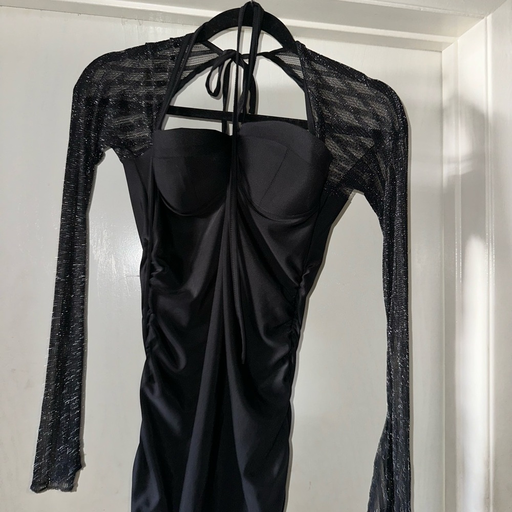 Elegant Black Halter Dress with Sheer Sleeves
